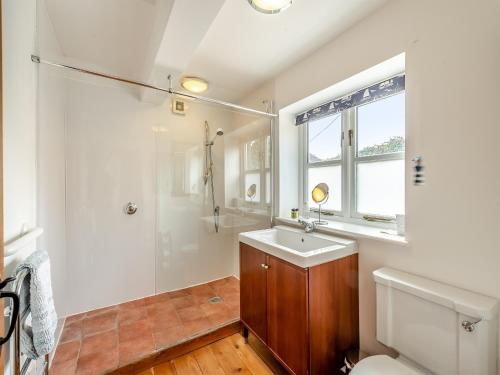 a bathroom with a sink and a shower and a toilet at Snaylam House Cottage in Rye