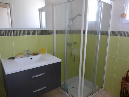 une salle de bain avec un lavabo et une douche dans l'établissement Charmante maison boisée près de la plage - 4 pers, animaux sur demande, jardin clos, calme assuré - FR-1-476-122, à La Faute-sur-Mer
