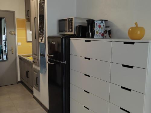 Il comprend une cuisine équipée d'un réfrigérateur noir et de placards blancs. dans l'établissement Studio cosy 22m² rénové - 5 pers, pieds des pistes, commerces et télécabines à proximité - FR-1-689-119, à Villard-de-Lans