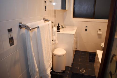 a bathroom with a white toilet and a sink at Wollongong Beach House Living in Gwynneville