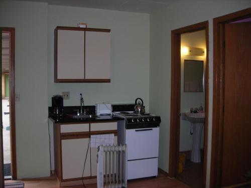 a kitchen with a sink and a stove at Deer trail Motel in Wisconsin Dells