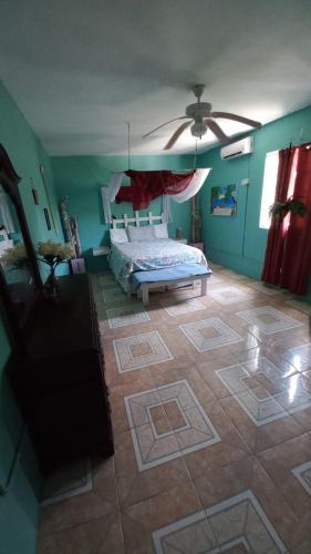 a bedroom with a bed and a ceiling fan at Castaways Villa in Duncans