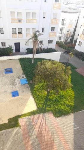 a courtyard with a palm tree and a building at استراحتي in Hajreien