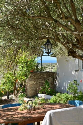 a garden with a table and a window at To Spiti Tou Papa Sto Vouno in Kamilari