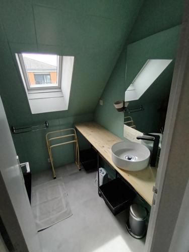 a small green bathroom with a sink and a window at Le Miraillet, gîte in Saint-Illide
