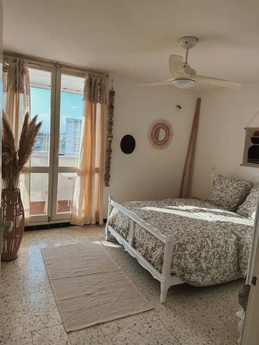 帕拉瓦萊弗洛特的住宿－Bel appartement 53m2 proche mer，一间卧室设有一张床和一个大窗户