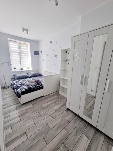 a bedroom with a bed and a walk in closet at Apartament Katarzynka Toruń in Toruń