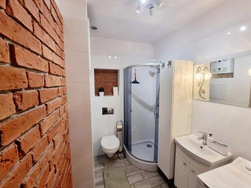 a bathroom with a brick wall and a shower at Apartament Katarzynka Toruń in Toruń