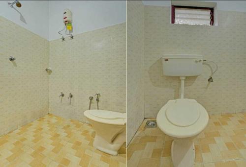 two pictures of a bathroom with a toilet and a sink at Mountain View cottage Mankulam in Munnar