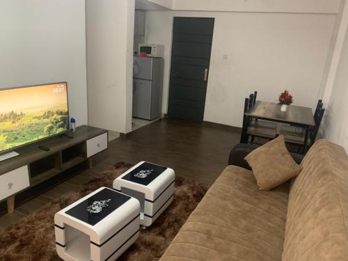 a living room with a couch and a flat screen tv at Oasis comfort in Nairobi