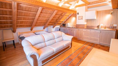 uma sala de estar com um sofá e uma cozinha em Vila Triglav on Pokljuka em Goreljek