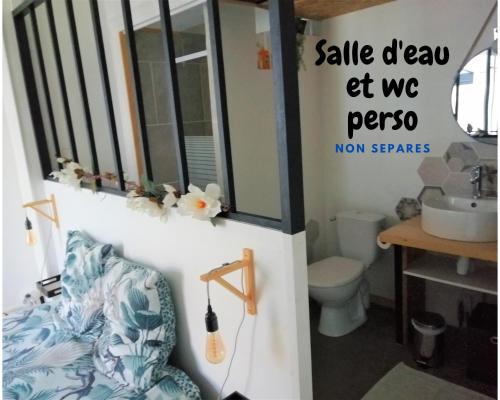 a bathroom with a toilet and a sink and a mirror at La Dolce Vita Justine in Vals-les-Bains