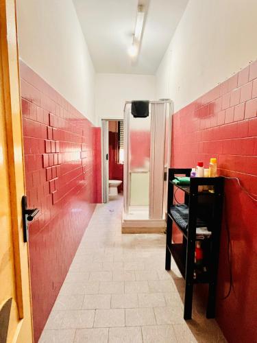 克羅托內的住宿－Claudia House，浴室设有红色瓷砖墙壁和淋浴。