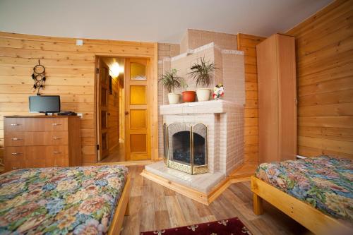 sala de estar con chimenea y TV en Guest House Russky Dom, en Listvyanka