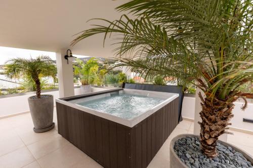 a hot tub on a balcony with palm trees at Lazar Lux Suites - Ammoudara in Agios Nikolaos