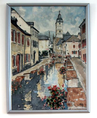 a painting of a city street with a church at GITE DU MOULIN in Arudy