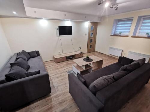 a living room with two couches and a flat screen tv at Apartament położony u podnóża Gór Bardzkich in Bardo