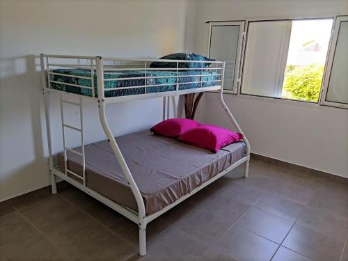 Ce lit superposé se trouve dans un dortoir doté d'oreillers roses. dans l'établissement Maison avec barbecue, à Saint-André
