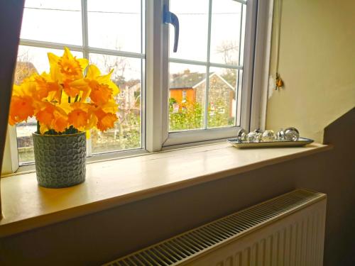a vase of yellow flowers sitting on a window sill at Historic, traditional & Spacious Wiltshire Cottage in Shrewton