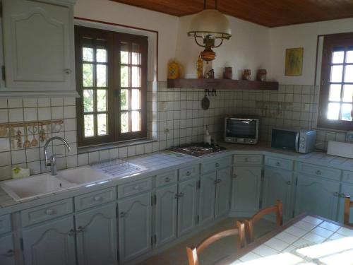 La cuisine est équipée de placards bleus, d'un évier et d'un four micro-ondes. dans l'établissement Les hortensias, à Guiseniers