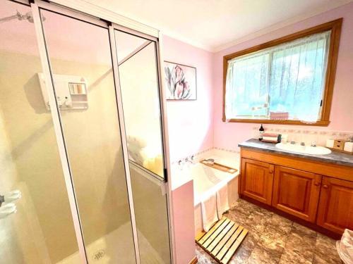 uma casa de banho com um chuveiro e um lavatório. em Oscars Retreat em Kingston
