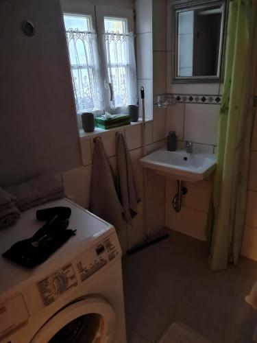 a bathroom with a washing machine and a sink at Ferienhaus Schatzliebe in Quedlinburg