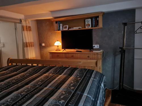 Schlafzimmer mit einem Bett und einem Flachbild-TV in der Unterkunft Ferienhaus Schatzliebe in Quedlinburg