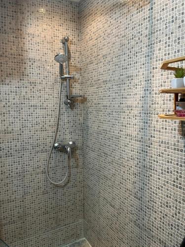 uma casa de banho com um chuveiro e paredes em azulejo em Panoramic View Appt Russe em Ruse