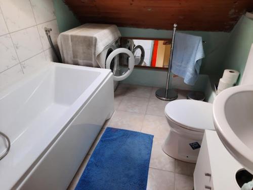 a bathroom with a toilet and a blue rug at Tahi Apartman in Tahitótfalu