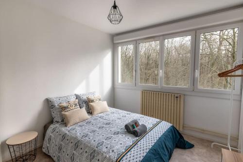 een slaapkamer met een bed in een kamer met ramen bij Le Mans Est - Idéal Pro & Groupe - 8 maxi - Wifi in Allonnes
