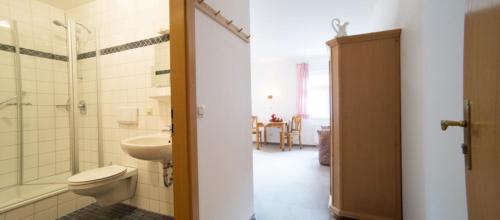 a bathroom with a toilet and a shower and a sink at Landgasthof Post in Röthenbach