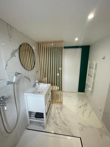 a white bathroom with a sink and a shower at Appartement L’opale d’Anaé in Boulogne-sur-Mer