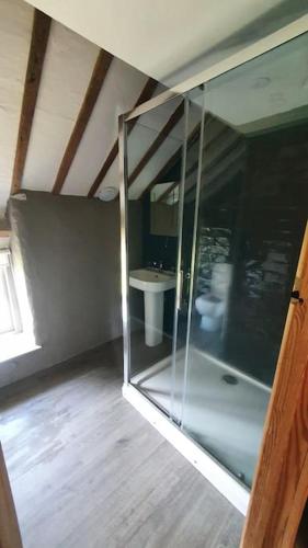 a bathroom with a glass shower and a sink at The Hayloft Llwyndu in Barmouth