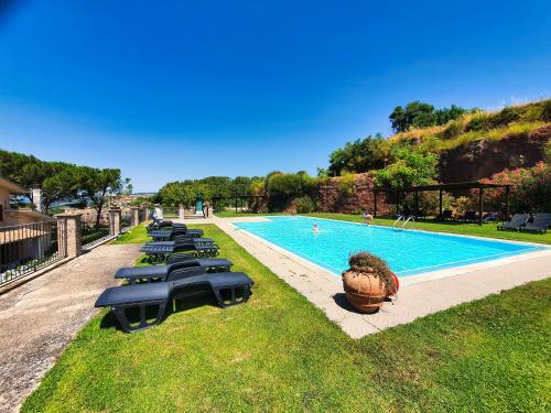 a swimming pool with lounge chairs and a potted plant at Agriturismo Le Vigne in Bolsena