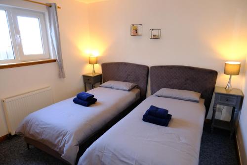 two beds in a room with blue pillows on them at Lovely 1-bedroom apartment with free parking in Inverness