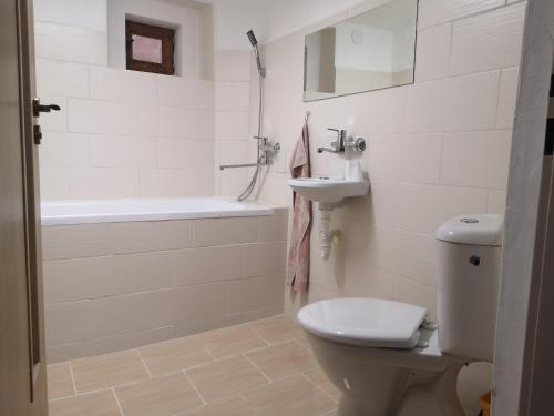a bathroom with a toilet and a sink and a tub at Apartmán u Moniky in Babín