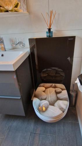 ein Bad mit einem Waschbecken und einer Schüssel mit Steinen in der Unterkunft Jurastei14 in Wiedlisbach