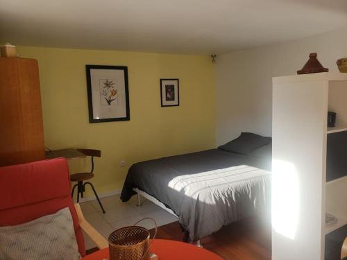 um quarto com uma cama, uma mesa e um sofá em Studio Buena Vista avec terrasse sur jardin em Bron