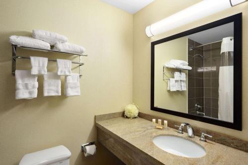 a bathroom with a sink and a mirror and a toilet at Days Inn by Wyndham Brampton in Brampton