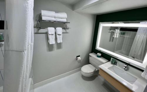 uma casa de banho com um WC, um lavatório e um espelho. em Best Western Portland West Beaverton em Portland