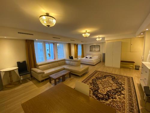 a living room with a couch and a table at Blick auf Schwarzen Turm - Freihofapartments in Brugg