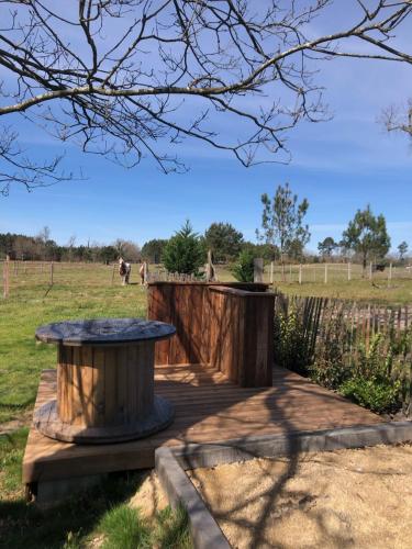 une terrasse en bois avec une table dans un champ dans l'établissement Gîte au cœur des Landes, à Lue