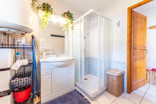 een badkamer met een wastafel en een douche bij Le Chatellard - Proche Piste de Ski in Praz-sur-Arly