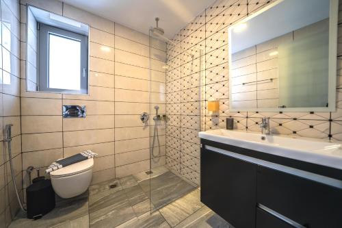 a bathroom with a sink and a toilet and a mirror at Nafsika Xenia - Ariti Villa in Plátanos
