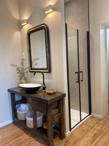 a bathroom with a sink and a mirror on a table at Appartement Complet Rez-de-chaussée in Sains-Richaumont