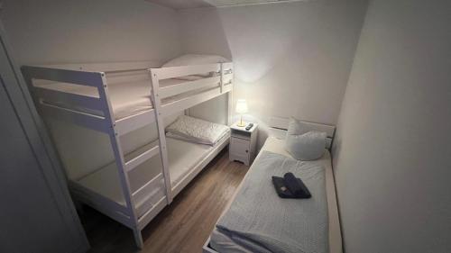 Kleines Zimmer mit 2 Etagenbetten und einem Schreibtisch. in der Unterkunft Ferienwohnung Wetzig W2 - Breite Straße 104 Wernigerode in Wernigerode