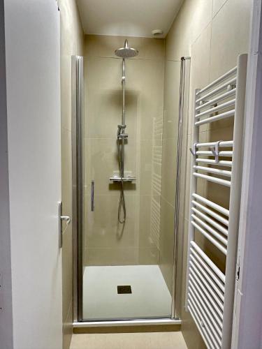 une douche avec une porte vitrée dans une salle de bain dans l'établissement La Cabane de Bonsecours, à Dieppe