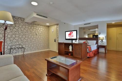 een woonkamer met een bank, een bed en een tv bij Niza Park Hotel in Ankara
