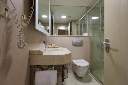 a bathroom with a sink and a toilet and a mirror at Niza Park Hotel in Ankara