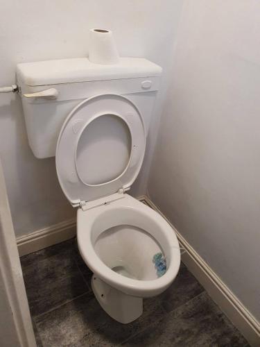 a white toilet with a roll of toilet paper on it at Private BedroomC Greater Manchester in Middleton